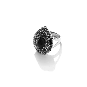 Sparkling Black Onyx Marcasite Sterling Silver Statement Ring