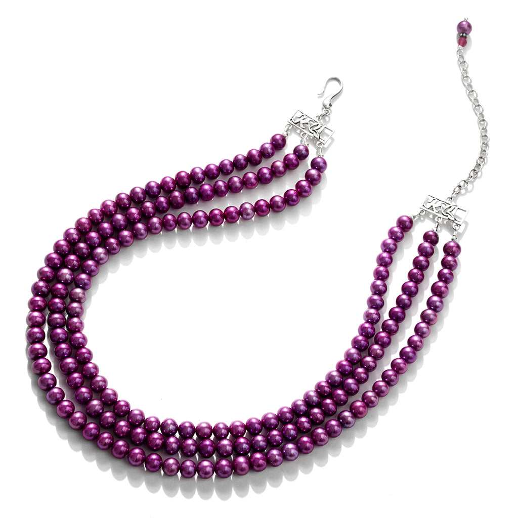 Vibrant Magenta 3-Strand Pearl Sterling Silver Statement Necklace