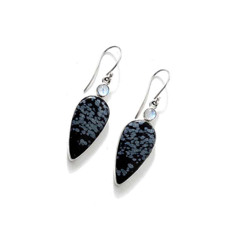 Dramatic Black Snowflake Agate Sterling Silver Statement Earrings