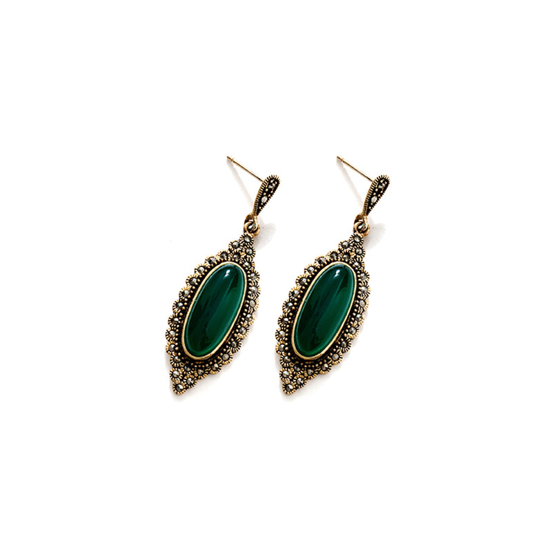 Vintage Inspired Green Agate Marcasite Gold Plated Earrings