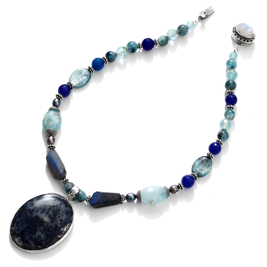 Gorgeous Pietersite, Aquamarine and Blue Gemstones Sterling Silver Statement Necklace
