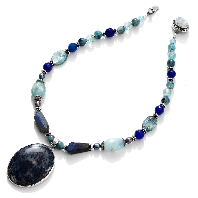 Stunning Pietersite, Aquamarine and Blue Gemstones Sterling Silver Statement Necklace