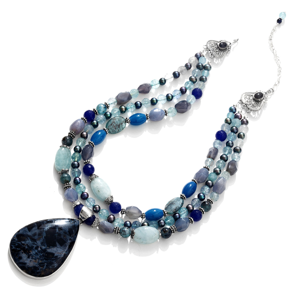 Magnificent Pietersite , Aquamarine and Mixed Blue Gemstones Sterling Silver Statement Necklace