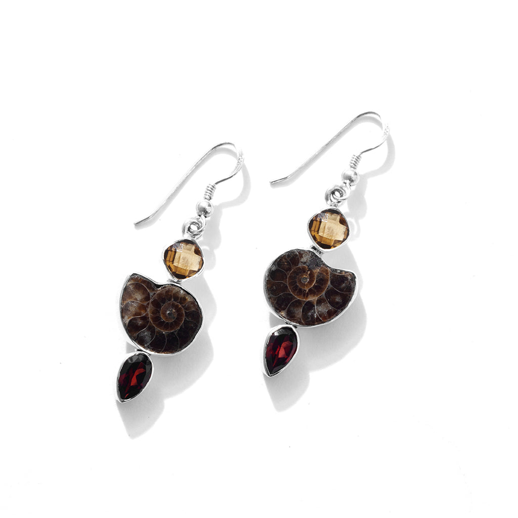 Gorgeous Petite Ammonite with Garnet and Citrine Sterling Silver Statement Earrings