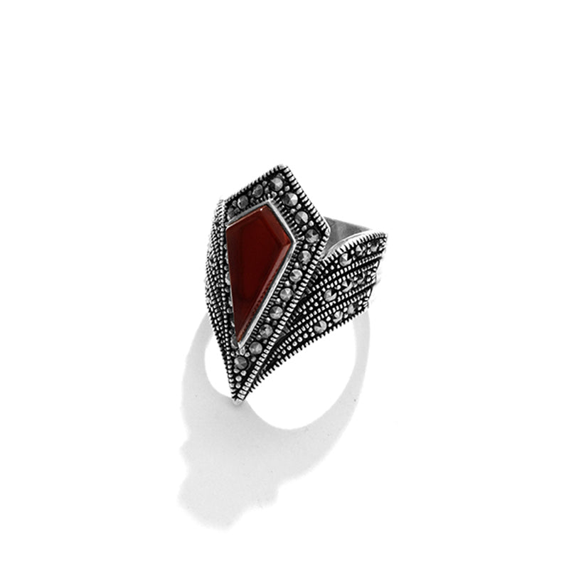 Diamond Crest Carnelian Marcasite Sterling Silver Statement Ring