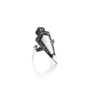 Daring White Mother of Pearl Marcasite Pointer Statement Ring