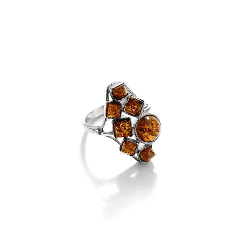 Unique Geometric Cluster of Amber Sterling Silver Ring