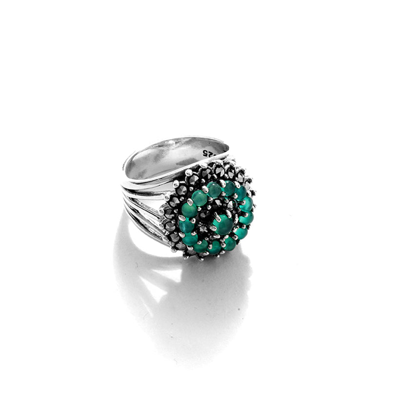 Beautiful Cluster of Green Agate Stones Sterling Silver Statement Ring