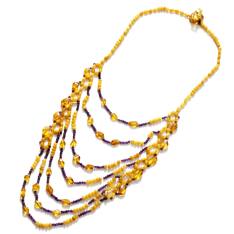 Cascading Layers of Butterscotch Baltic Amber with Amethyst Statement Necklace