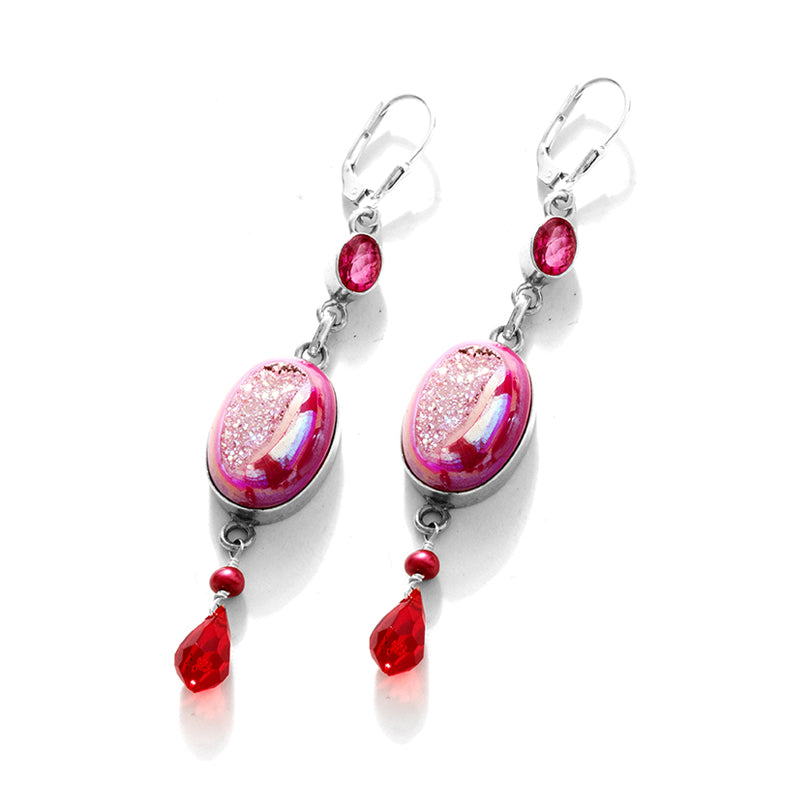 Sparkling Rose Drusy with Tourmaline & Crystal Sterling Silver Statement Earrings