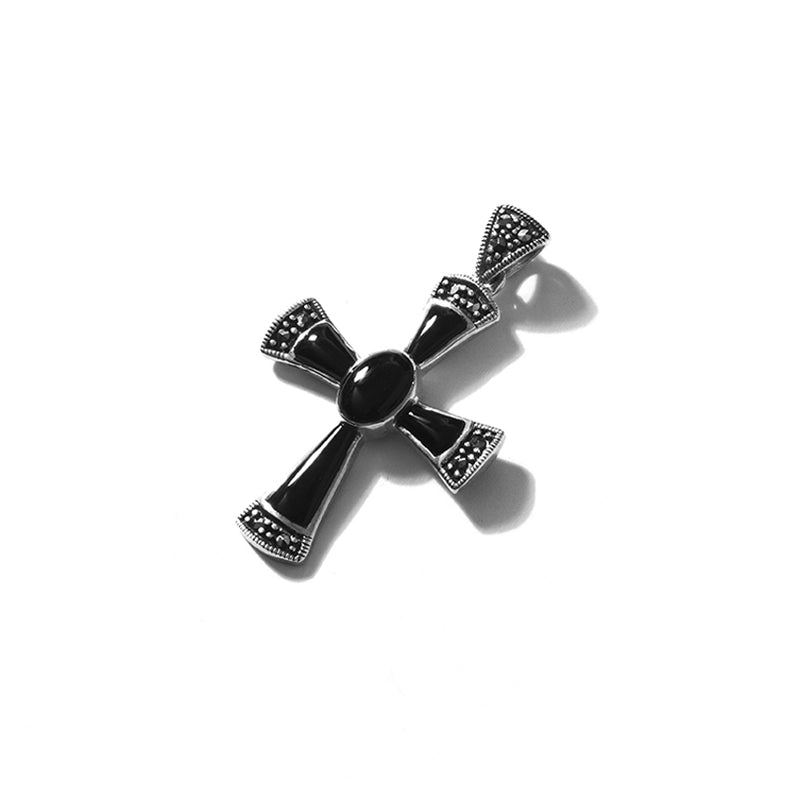Dramatic Black Onyx and Marcasite Sterling Silver Cross Pendant