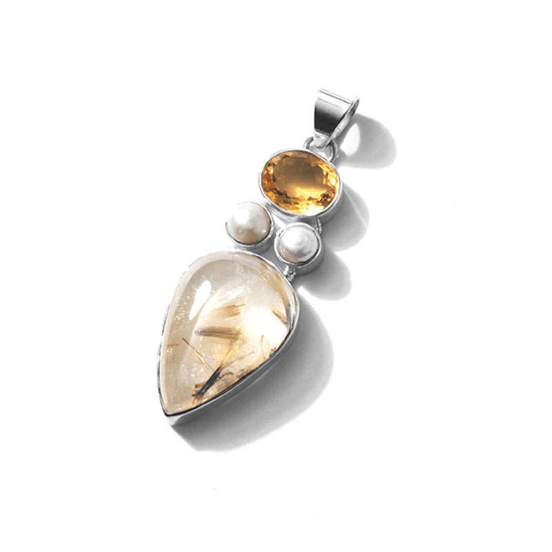 Beautiful Gold Rutilated Quartz, Citrine and Fresh Water Pearl Sterling Silver Statement Pendant
