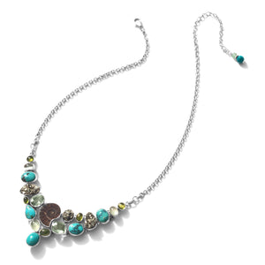 Beautiful Petite Ammonite, Turquoise and Multi Stone Sterling Silver Statement Necklace 16" - 19"