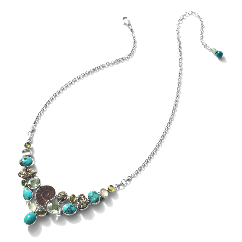 Beautiful Petite Ammonite, Turquoise and Multi Stone Sterling Silver Statement Necklace 16