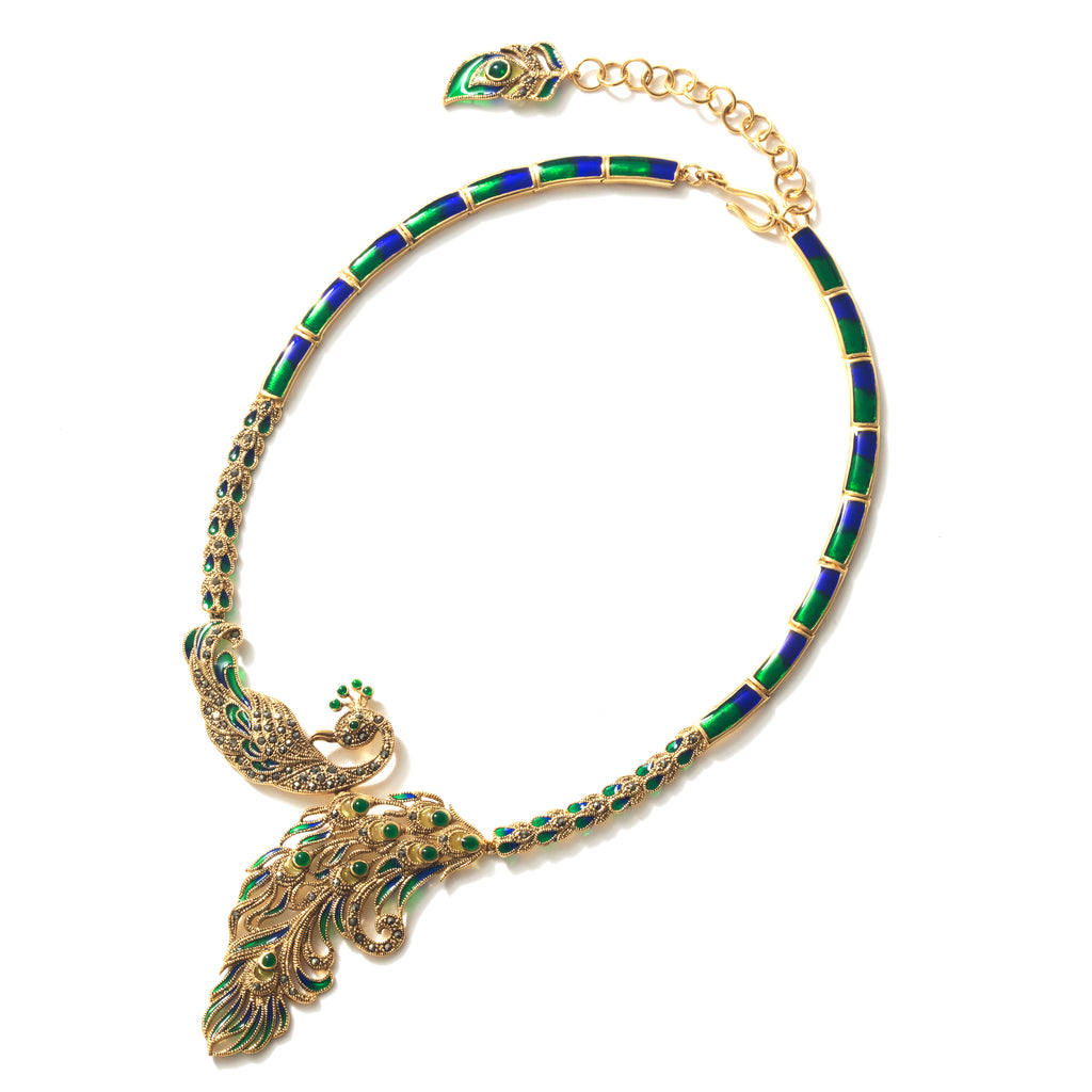 Sparkling Green 14kt Gold Plated Marcasite Peacock Statement Necklace