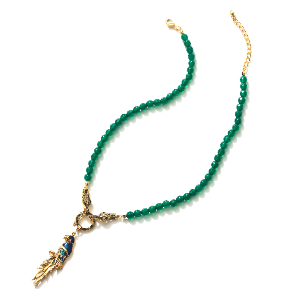 Hello Beautiful Parrot! Green Agate & Gold Plated Marcasite Statement Peacock Necklace 16" - 18"