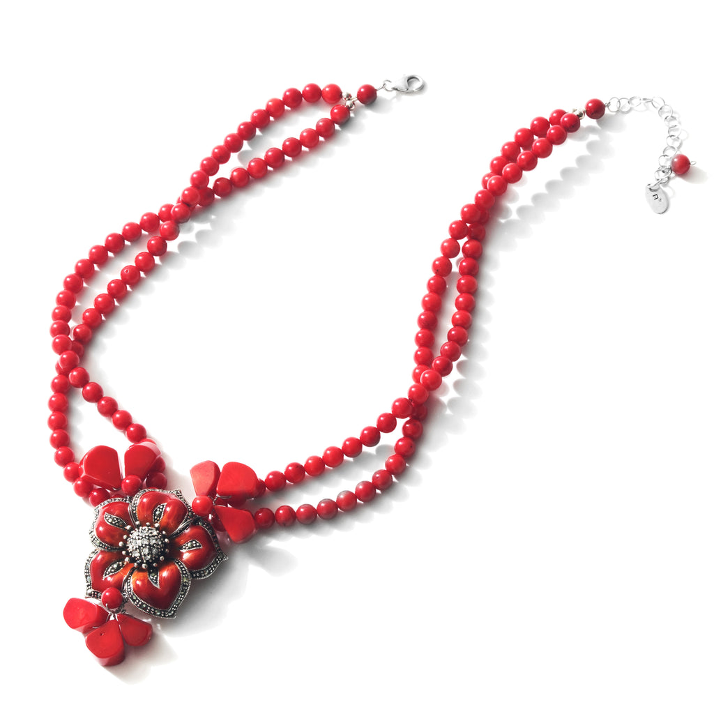 Pretty Red Rose Coral Sterling Silver Flower Statement Necklace
