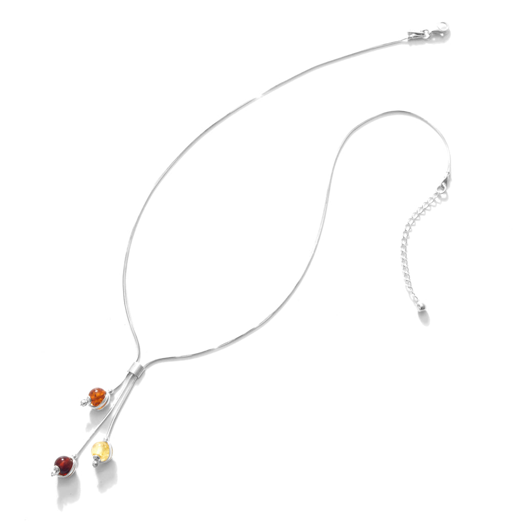 Petite Tri-Color Amber Ball Drops  Shiny Rhodium Plated Sterling Silver Necklace