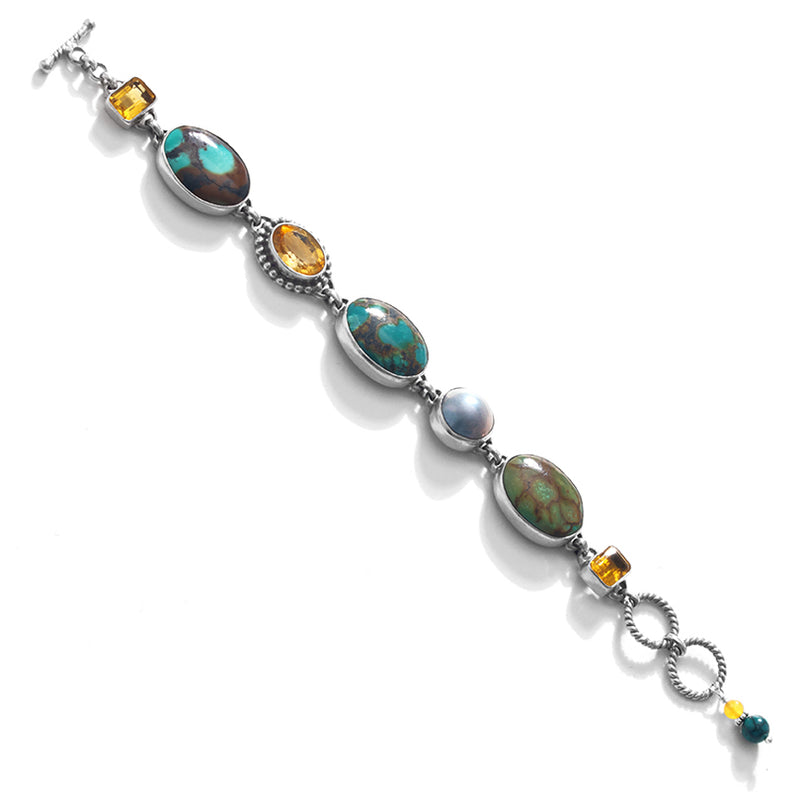 Gorgeous Turquoise, Citrine and Mabe Pearl Sterling Silver Statement Bracelet