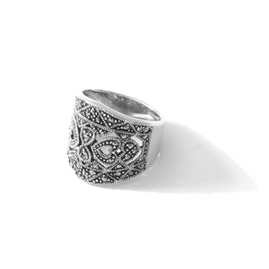 Gorgeous Wide Band of Marcasite Sterling Silver Statement Ring sizes up to 10.5