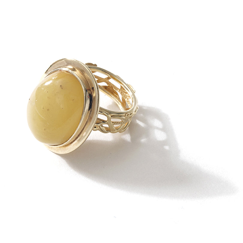 Soft Butterscotch Baltic Amber Gold Plated Sterling Silver Statement Ring - Size: 8 3/4