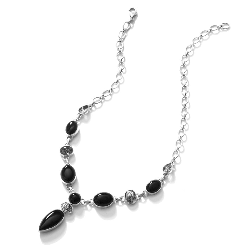 Stunning Black Onyx and Rutilated Quartz Sterling Silver Statement Necklace
