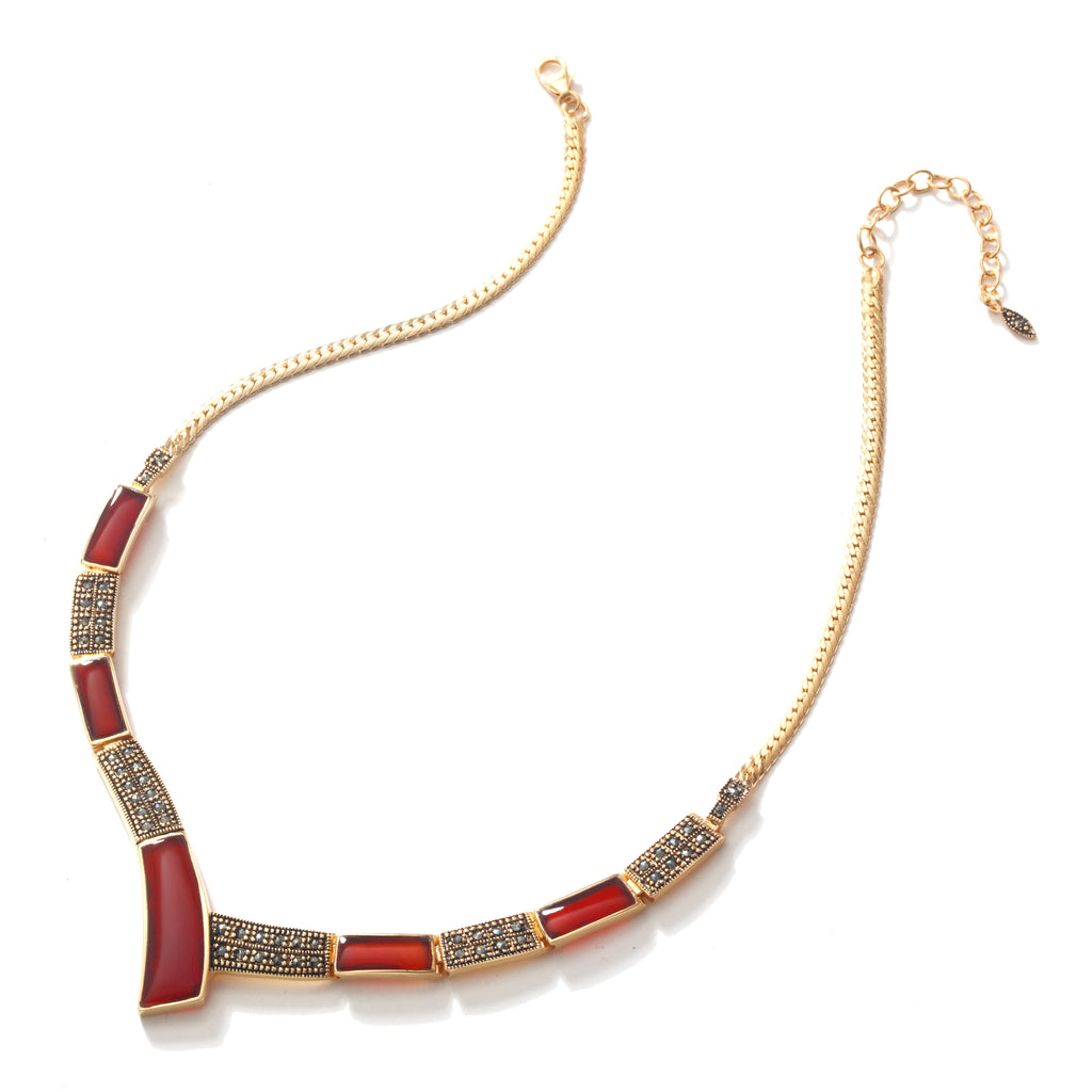 Devine Carnelian and Marcasite 14kt Gold Plated Marcasite Statement Necklace