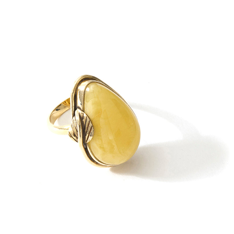 Beautiful Butterscotch Baltic Amber Gold Plated Silver Leaf Statement Ring