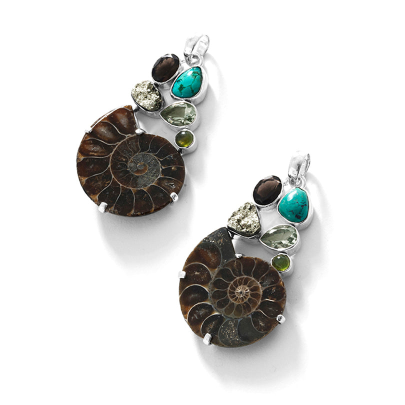Exotic Ammonite & Turquoise & Gems Sterling Silver Statement Pendant