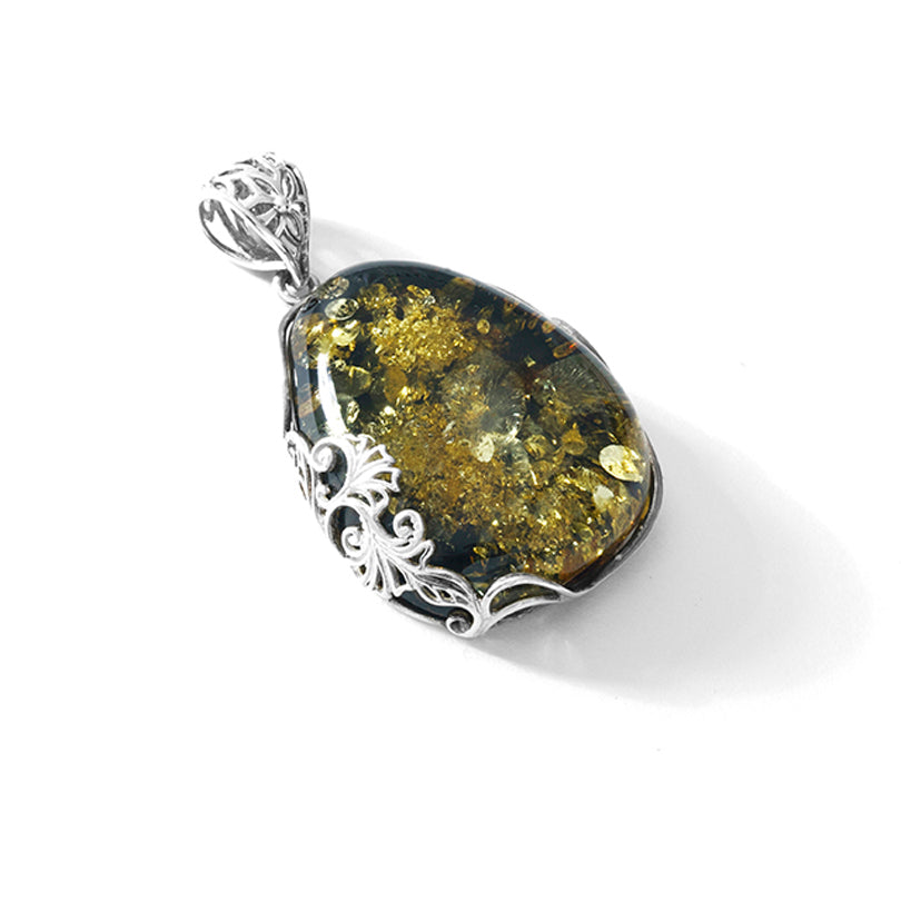 Gorgeous Golden Baltic Amber in Silver Floral Design Statement Pendant