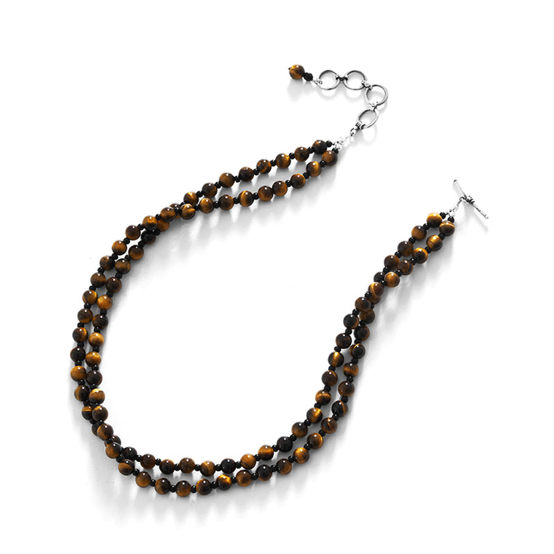 Shimmering Tigers Eye Double Strand Beaded Sterling Silver Toggle Necklace