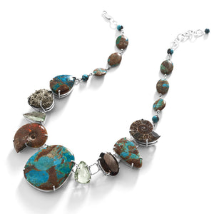 Magnificent Boulder Turquoise, Firey Ammolite and Amazing Gemstones Sterling Silver Statement Necklace