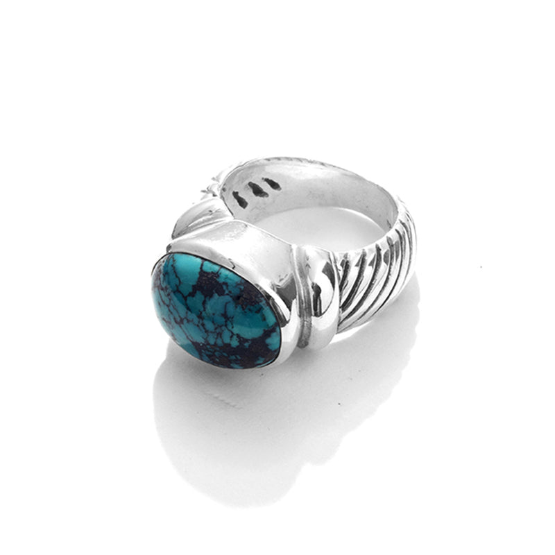 Gorgeous Turquoise Ribbed Design Sterling Silver Statement Ring