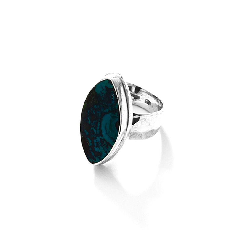 Starborn Blue Chrysocolla Sterling Silver Hammered Band Statement Ring