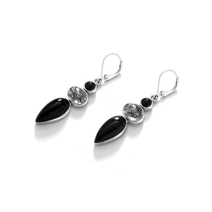 Stunning Black Onyx & Black Rutilated Quartz Sterling Silver Earrings