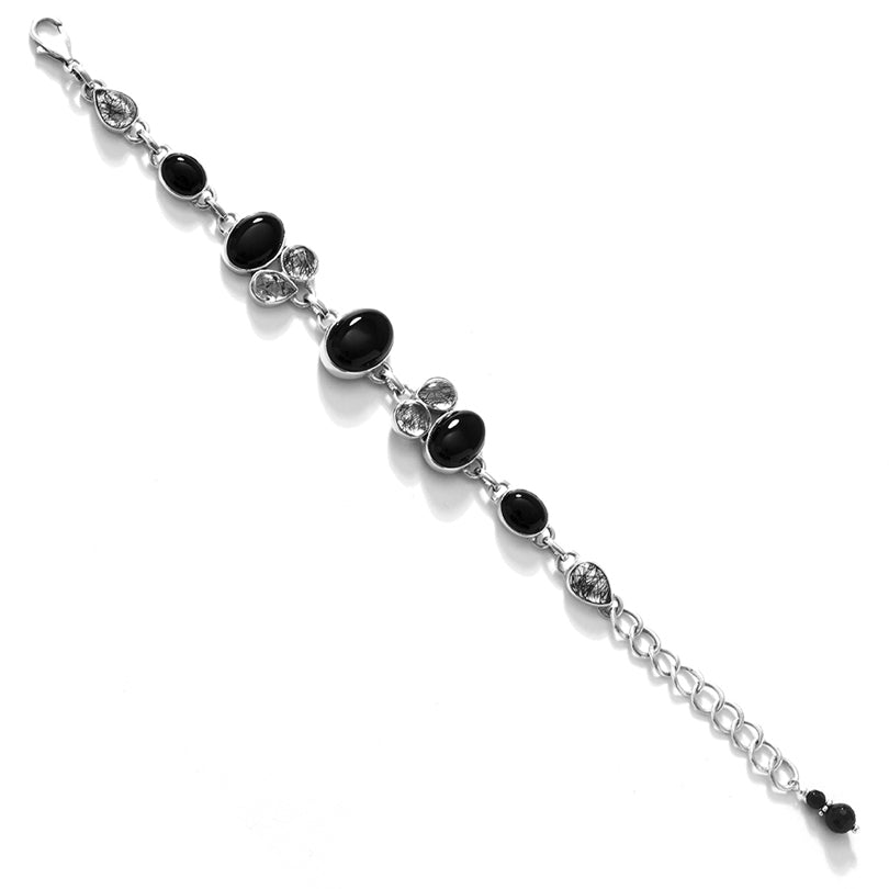 Elegant Shimmering Black Onyx & Black Rutilated Quartz Sterling Silver Bracelet
