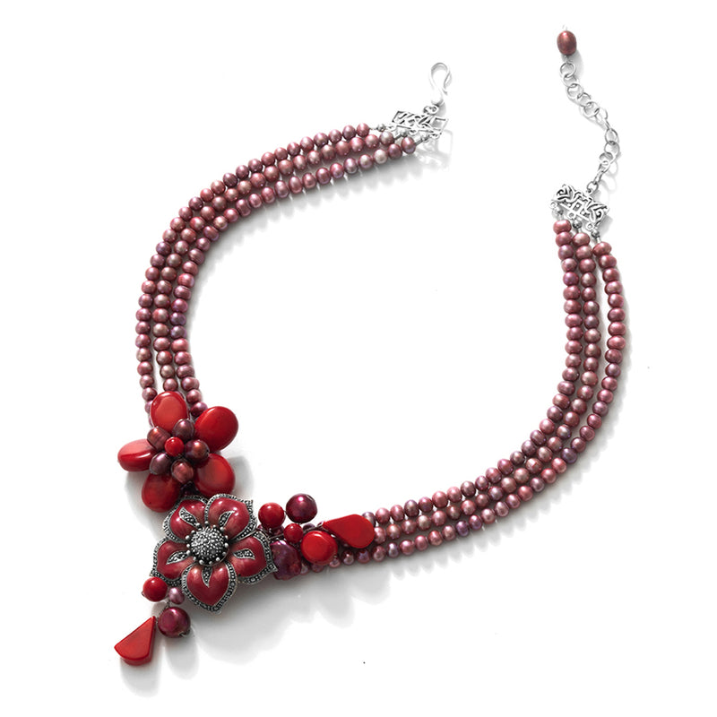 Glorious Burgundy Pearl &  Coral Flower Necklace