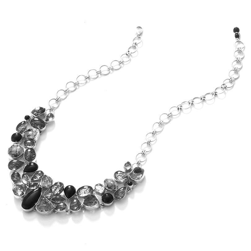 Stunning Black Onyx and Black Rutilated Quartz Sterling Silver Statement Necklace