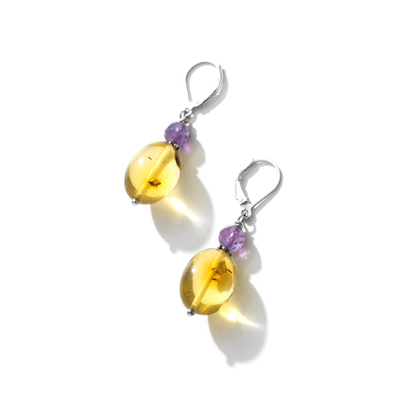 Golden Honey Amber with Amethyst Sterling Silver Earrings