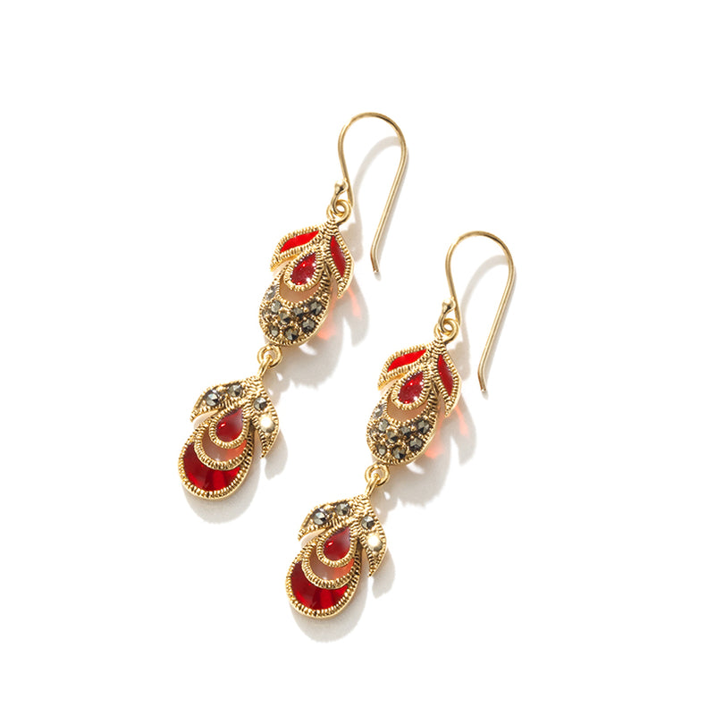 Beautiful Graceful Red Peacock Marcasite14kt Gold Plated Earrings