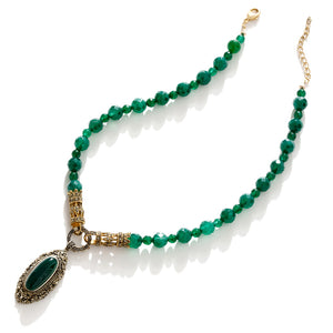 Vintage Inspired Emerald Green Agate Gold Plated Statement Necklace