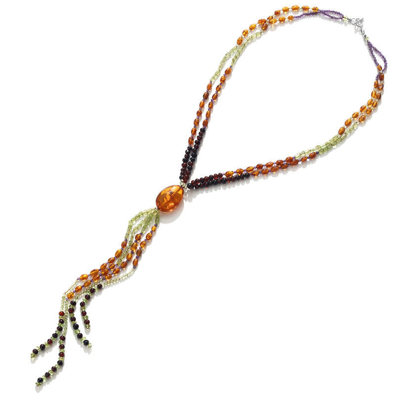 Colorful Baltic Amber and Gems Lariat Style Statement Necklace