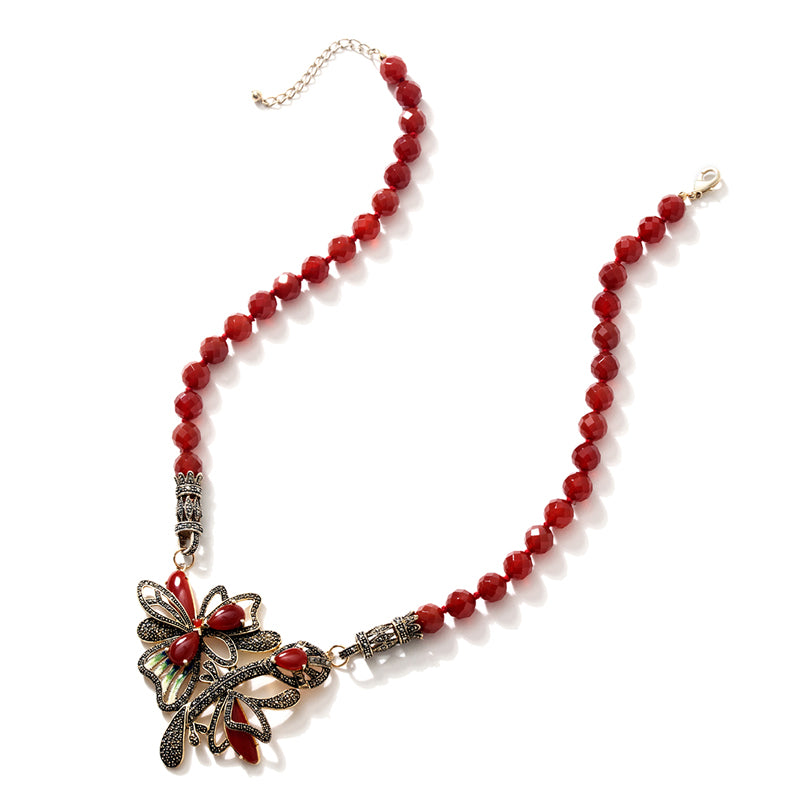 Magnificent Red Carnelian with Sparkling Marcasite Gold Plated Statement Flower Necklace