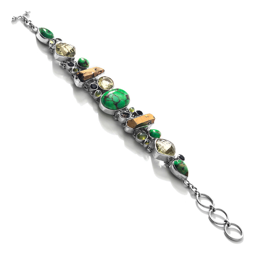 Exotic Green Turquoise Multi Stone Sterling Silver Statement Bracelet