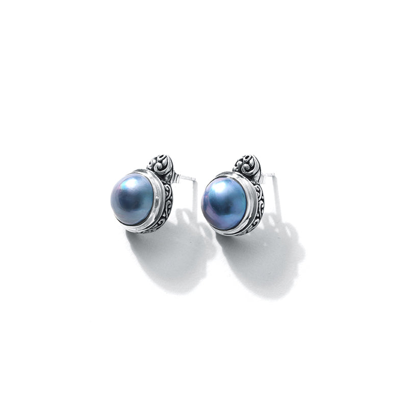 Balinese Blue Mabe Pearl Sterling Silver Earrings