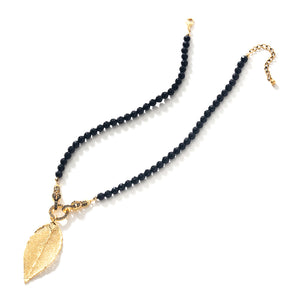Dazzling Black Onyx and Marcasite Gold Plated Real Leaf Necklace 18" - 20"