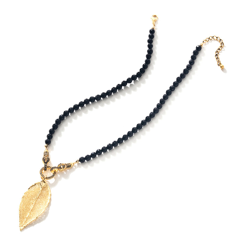 Dazzling Black Onyx and Marcasite Gold Plated Real Leaf Necklace 18