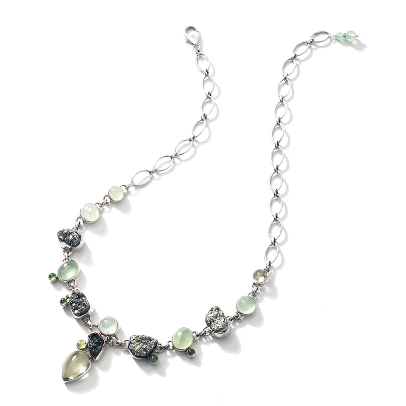 Exotic Pyrite with Prehnite & Green Idocrase Sterling Silver Statement Necklace