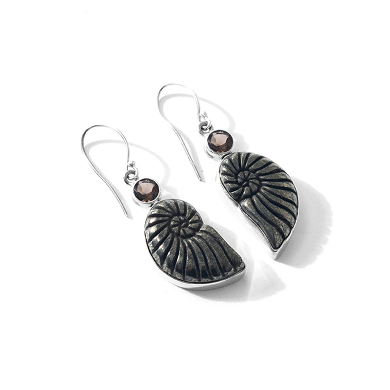Exotic Carved Pyrite Ammonite Statement Earrings