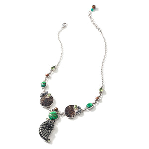 Exotic Carved Pyrite Ammonite and Green Turquoise Multi Stone Sterling Silver Statement Necklace